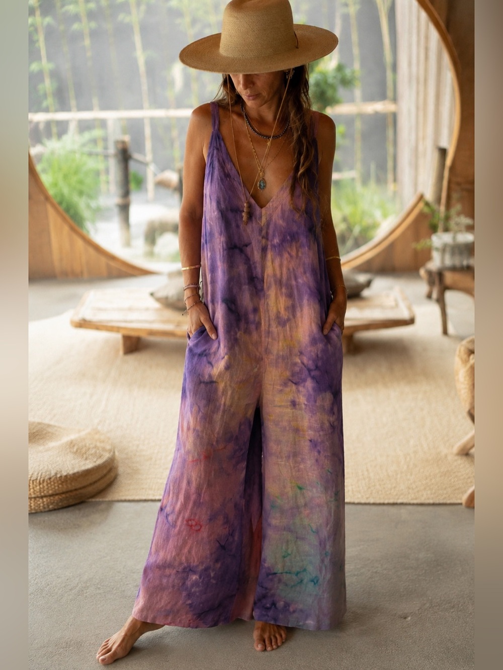 Myrah Penaloza Kundalini Playsuit Rainbeau Linen Wide Leg - Lagenlook-OS